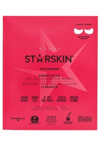 Bright pink rectangular packaging for STARSKIN bio-cellulose eye masks features black text and star accents, labeled "smooth" and "hydrate."