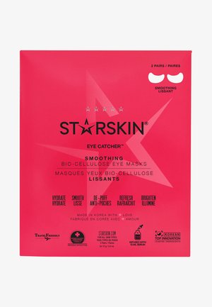 Helle pinke rechteckige Verpackung für die STARSKIN Biozellulose-Augenmasken mit schwarzem Text und Sternelementen, beschriftet mit "glätten" und "befeuchten."