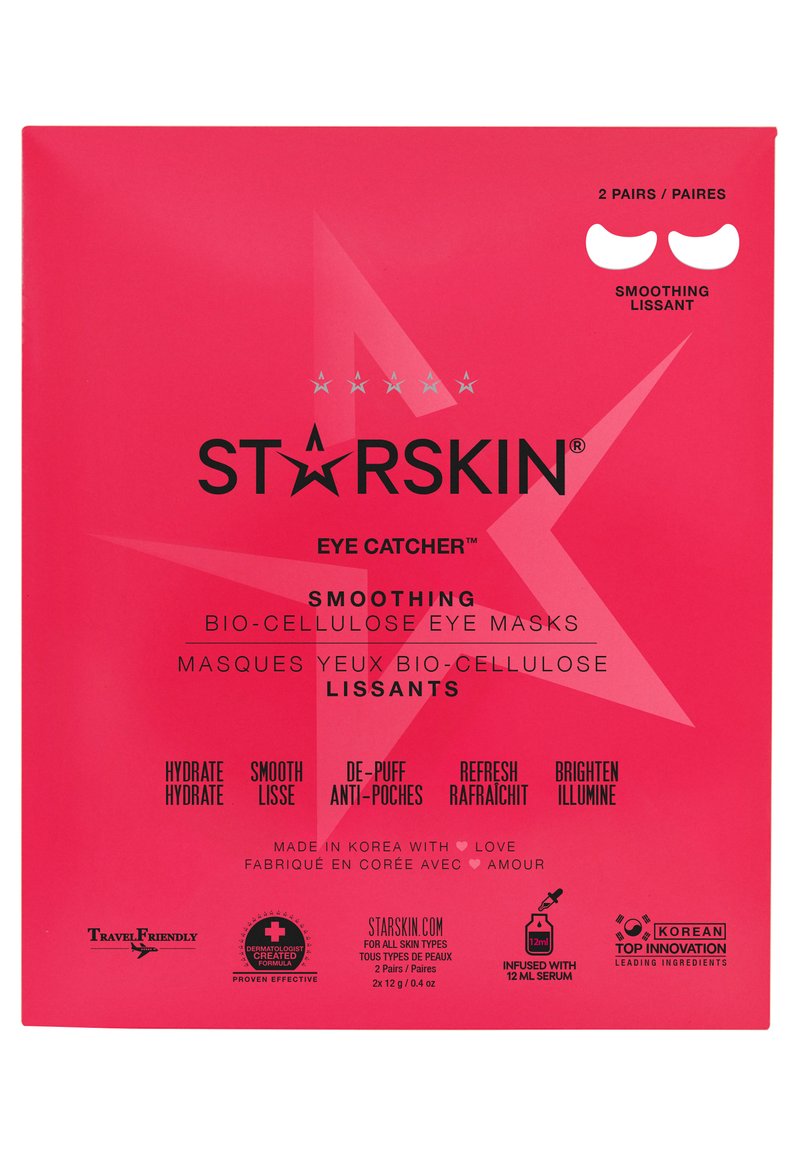 Bright pink rectangular packaging for STARSKIN bio-cellulose eye masks features black text and star accents, labeled "smooth" and "hydrate."
