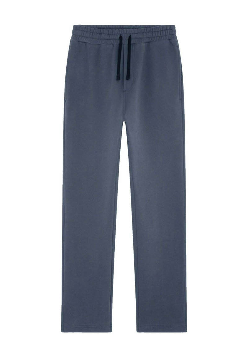 Pantalons de survêtement bleu marine avec une taille élastique, un cordon noir et des poches latérales ; fabriqués en tissu doux et léger.