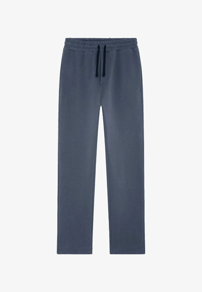 Pantalons de survêtement bleu marine avec une taille élastique, un cordon noir et des poches latérales ; fabriqués en tissu doux et léger.
