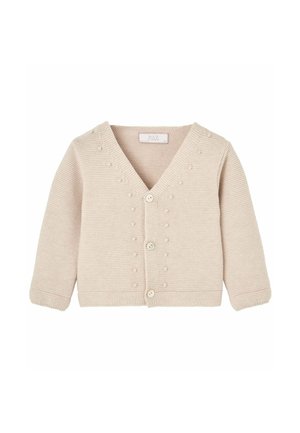Cardigan beige tricoté pour bébé, manches longues, col en V, trois boutons sur le devant, avec un discret motif de points en relief sur les panneaux avant.