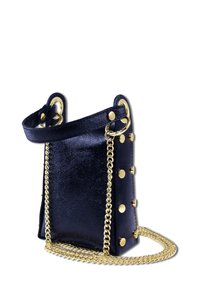 Navy faux leather bag with gold studs and chain strap. Features structured shape and smooth texture, with a short handle for carrying.