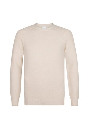 Suéter de punto beige con cuello redondo, mangas largas, ribetes en el cuello y bajo, y un acabado texturizado. Diseño clásico y minimalista.