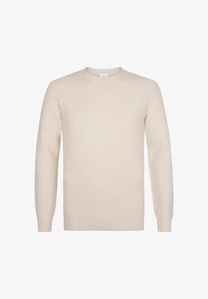 Beige gestrickter Pullover mit Rundhalsausschnitt, langen Ärmeln, geripptem Kragen und Saum sowie einer strukturierten Oberfläche. Klassisches, minimalistisches Design.