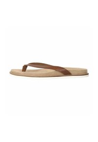 Tongs en cuir marron avec une semelle en beige doux et une semelle extérieure en caoutchouc blanc. Présente un seul coussinet pour les orteils et des brides qui se croisent sur le pied.