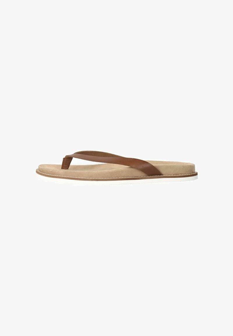 Brown leather flip-flop with a soft beige footbed and white rubber outsole. Features a single toe post and straps that cross over the foot.