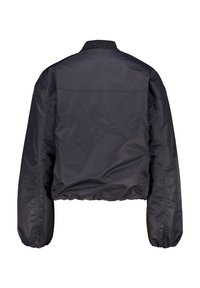 Black cropped bomber jacket with a smooth, shiny texture, ribbed collar, and elastic cuffs. Features a single back pocket, seamless design.