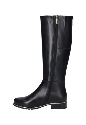 Black leather knee-high boot with a straight design, side zipper, and textured finish. Features a low block heel and decorative gold accent.