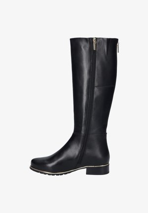 Black leather knee-high boot with a straight design, side zipper, and textured finish. Features a low block heel and decorative gold accent.