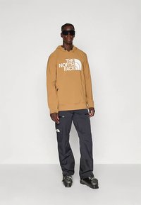 Hoodie marrone con logo bianco, abbinato a pantaloni scuri con tasche laterali. Uomo con occhiali da sole e calzature distintive. Sfondo semplice.