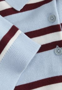 Stribet polo skjorte med lys blå bund, kastanjebrune og hvide striber, struktureret strik, tre knapper og en standardkrave.