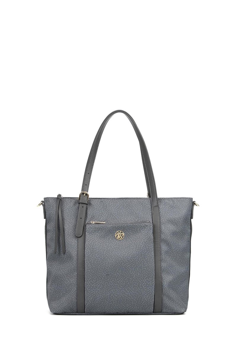 Borsa a tracolla grigia con texture, dotata di doppio manico, tasca frontale con zip e dettagli del logo dorato. Materiale liscio con leggeri motivi geometrici.