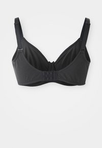 Sutiã preto com uma textura suave, apresentando suporte com aros, alças ajustáveis e um fecho de três ganchos nas costas.