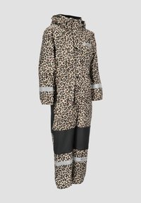 Regnjakke med leopardprint og hætte, med reflekterende striber. Lavet af vandtæt materiale, med sorte detaljer i den nederste del.