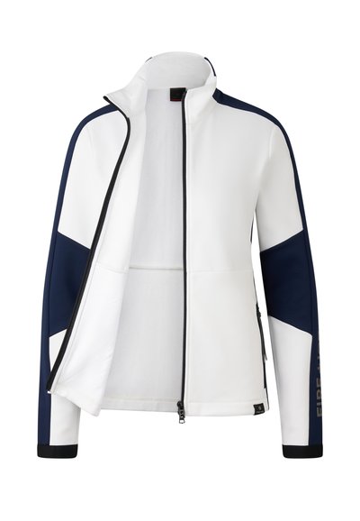 Weiße und marineblaue Zip-Up-Jacke mit engem Kragen, Farbblock-Design und schwarzen Akzenten. Verfügt über glattes Material und eine leicht taillierte Form.
