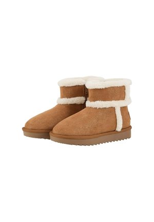 Bottines en daim marron avec bordure en fausse fourrure blanche, semelles plates en caoutchouc et fermetures éclair latérales pour un enfilage facile.
