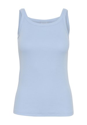 Light blue tank top made of ribbed cotton, featuring a fitted design with a rounded neckline and narrow shoulder straps.
