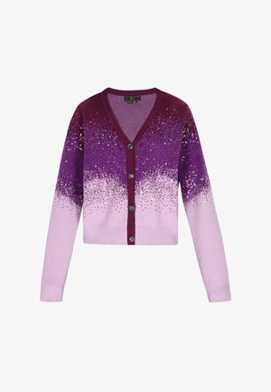 Helllila Cardigan mit einem Farbverlauf von Dunkellila oben, verziert mit Pailletten und detailliert mit schwarzen Knöpfen.