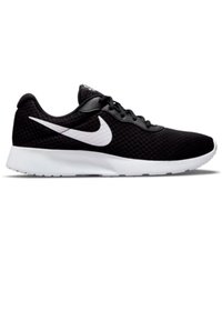 Black athletic shoe with a mesh upper, white Swoosh logo, cushioned sole, and lace-up design for enhanced support and breathability.