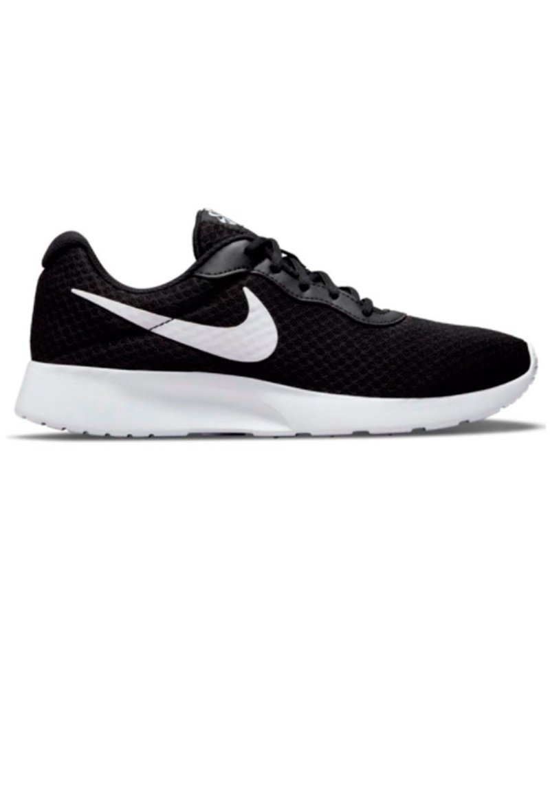 Black athletic shoe with a mesh upper, white Swoosh logo, cushioned sole, and lace-up design for enhanced support and breathability.