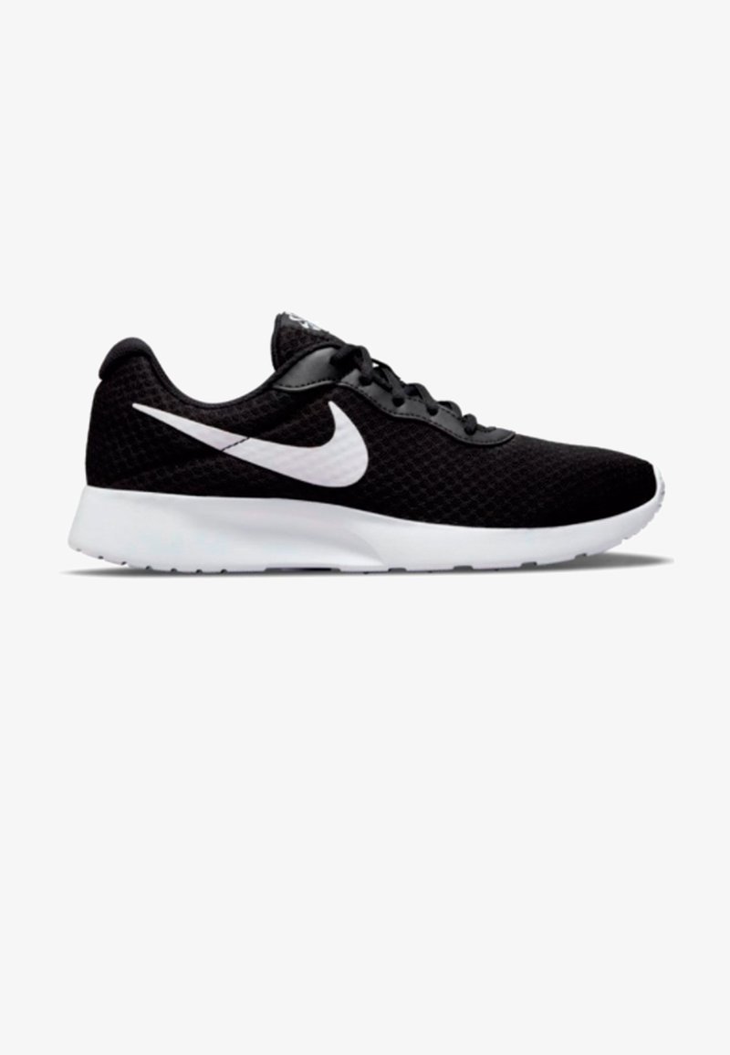 Black athletic shoe with a mesh upper, white Swoosh logo, cushioned sole, and lace-up design for enhanced support and breathability.