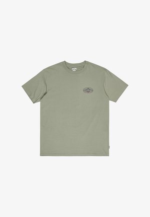 Olive green cotton t-shirt with short sleeves, crew neck, and a small multicolored graphic logo on the chest. Smooth texture.