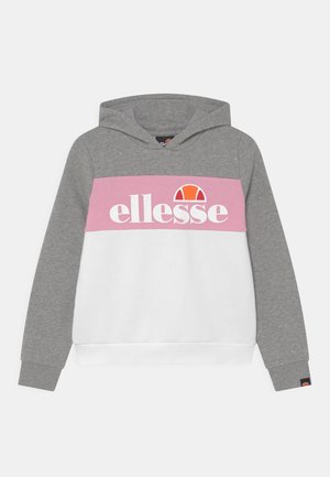 Sweat-shirt à capuche gris clair avec un panneau rose et blanc, arborant un grand logo blanc et une petite touche orange. Matière en mélange coton doux.