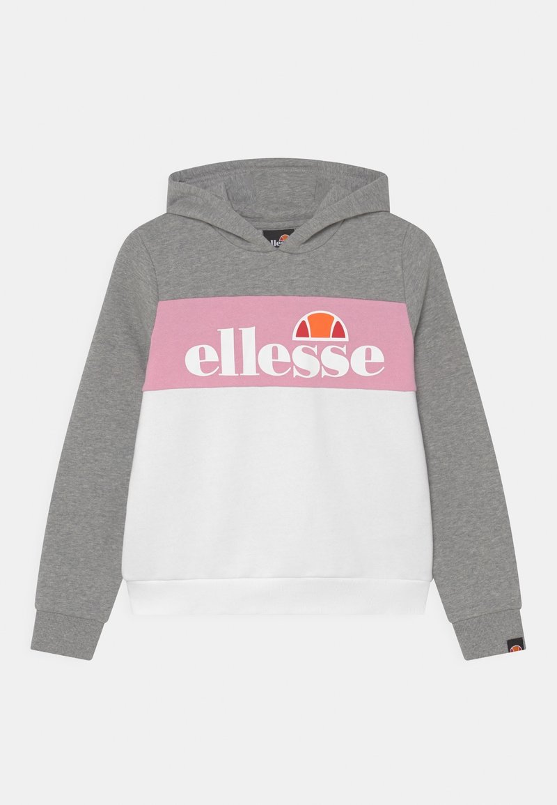 Sweat-shirt à capuche gris clair avec un panneau rose et blanc, arborant un grand logo blanc et une petite touche orange. Matière en mélange coton doux.