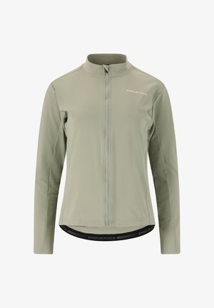 Giacca sportiva verde chiaro con colletto alto, zip a tutta lunghezza e una banda nera di accento in fondo. Realizzata in un materiale liscio e flessibile.