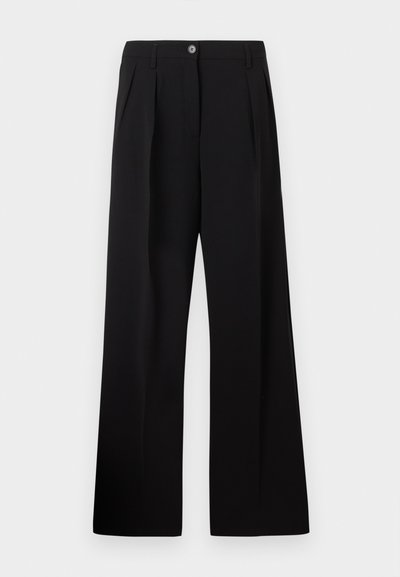Μαύρο παντελόνι ψηλόμεσο με φαρδιά γραμμή, με πιέτες μπροστά, θηλιές για ζώνη και κούμπωμα με κουμπί στη μέση.