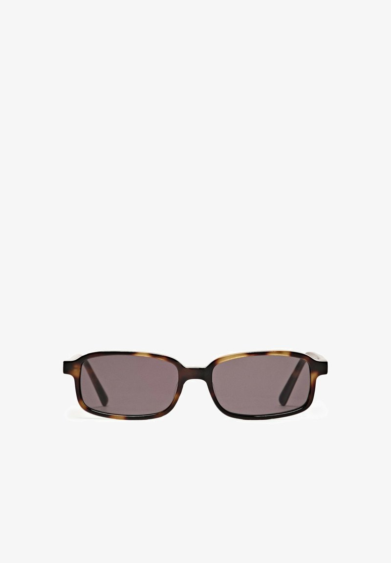 Brown tortoiseshell sunglasses with rectangular frames, dark lenses, and thick temples. Glossy finish with subtle light accents.