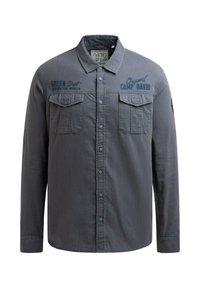 Langärmliges graues Hemd mit Knopfleiste, zwei Brusttaschen und blauen bestickten Details. Verfügt über einen klassischen Kragen und eine weiche Textur.