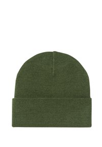 Czapka dzianinowa w ciemnozielonym kolorze, z prążkowanym wzorem. Posiada podwinięty mankiet i zaokrąglony szczyt bez ozdób.