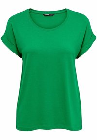 Camiseta verde de manga corta hecha de una tela suave, con escote redondo y mangas enrolladas, de corte holgado y textura suave.