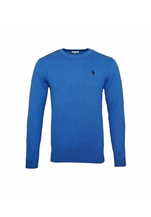 Blauwe trui met lange mouwen en ronde hals, met klein zwart geborduurd logo op de linkerborst, geribde boorden en zoom.
