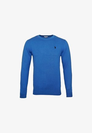 Blauwe trui met lange mouwen en ronde hals, met klein zwart geborduurd logo op de linkerborst, geribde boorden en zoom.