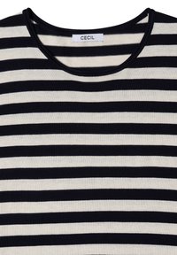 T-shirt rayé noir et blanc à rayures horizontales avec un col rond et une étiquette portant la mention "CECIL" au col.