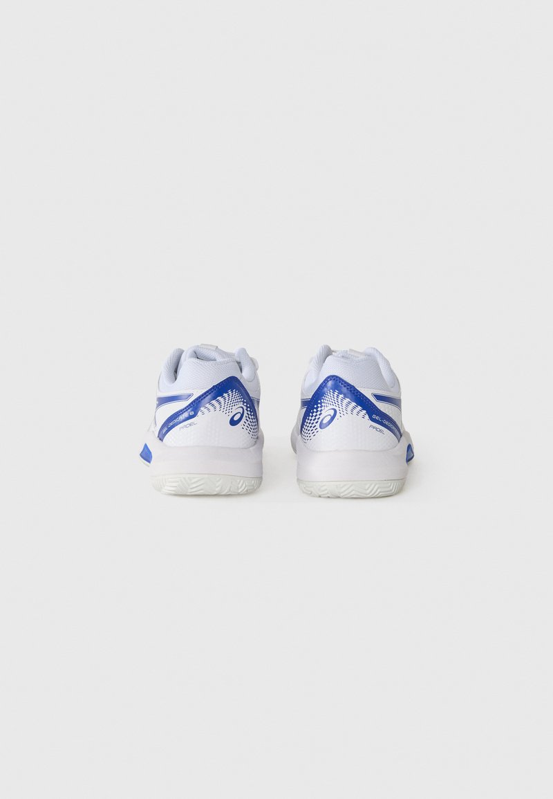 White athletic shoes with a blue accent. Textured heel and side panels, padded collar, and rubber outsole with pattern for traction.