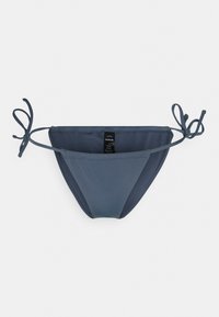 Parte de baixo de biquíni azul escuro com laços laterais ajustáveis, textura suave, material elástico e uma etiqueta visível no forro interior.