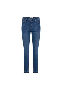 Vaqueros ajustados de denim azul oscuro con una cintura alta, desvanecimiento sutil y diseño clásico de cinco bolsillos. Presenta un cierre de botón de metal y cremallera.