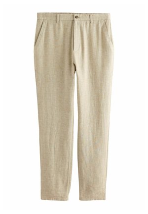 Beige linen trousers with a subtle textured pattern, featuring two side pockets, a front button closure, and a straight-leg design.