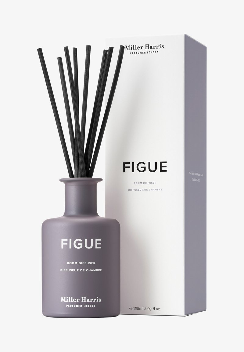 Raumdiffusor mit einer matten Lavendel-Farbe, schwarzen Rattanstäbchen und auffällig aufgedrucktem "FIGUE"-Text. Begleitet von einer weißen Box mit Markenaufdruck.