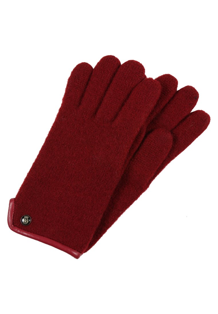 Rote Wollhandschuhe mit weicher Textur, ausgestattet mit Lederakzenten am Bund und einem kleinen Metallemblem. Fünf-Finger-Design.