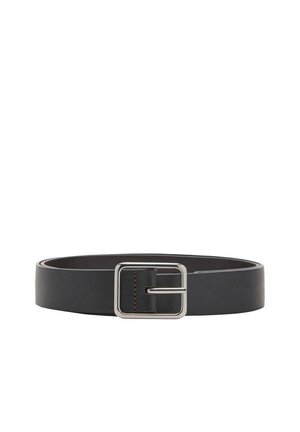 Black leather belt with a rectangular silver buckle. Smooth texture, stitched detail near buckle, and a standard width for versatility.
