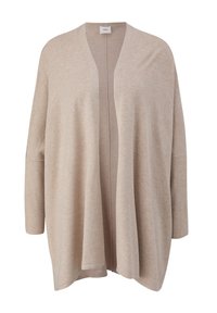 Beige oversized cardigan van zacht gebreid materiaal met een open voorkant, verlaagde schouders en een ontspannen silhoeet. Geen sluitingen inbegrepen.