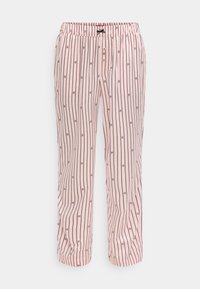 Pantaloni roz deschis cu dungi verticale închise la culoare, talie elastică, nasturi și logo-uri mici repetate. Confecționați dintr-un material moale și ușor.