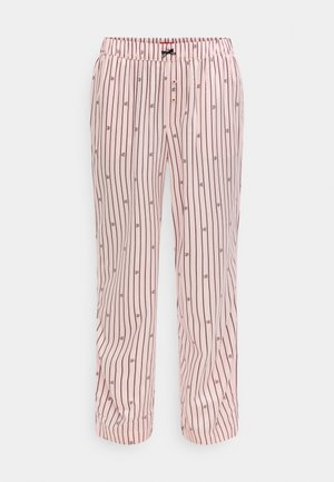 Világos rózsaszín nadrág függőleges sötét csíkokkal, rugalmas derékrésszel, gombokkal és apró, ismétlődő logókkal. Puha, könnyű anyagból készült.