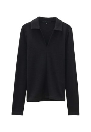 Maglietta nera a maniche lunghe con scollatura a V e colletto ripiegato. Realizzata in un tessuto morbido e testurizzato, con una vestibilità rilassata e orlo diritto.