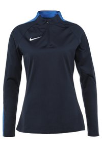 Granatowa, długorękawowa koszulka sportowa z ćwierć zamkiem i niebieskimi akcentami kołnierza, z białym logo Nike na piersi.